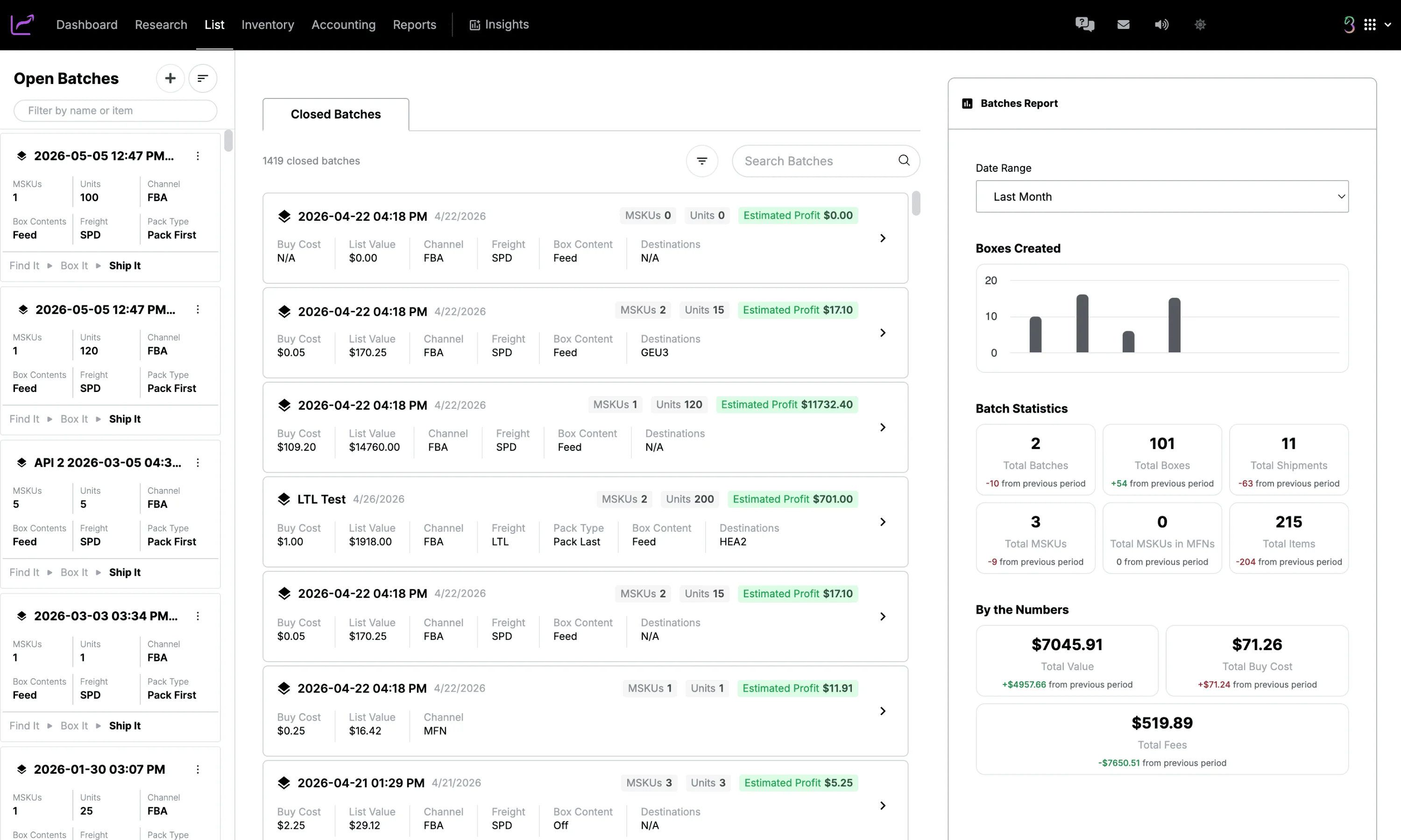 InventoryLab dashboard showing the listing and shipment workflow