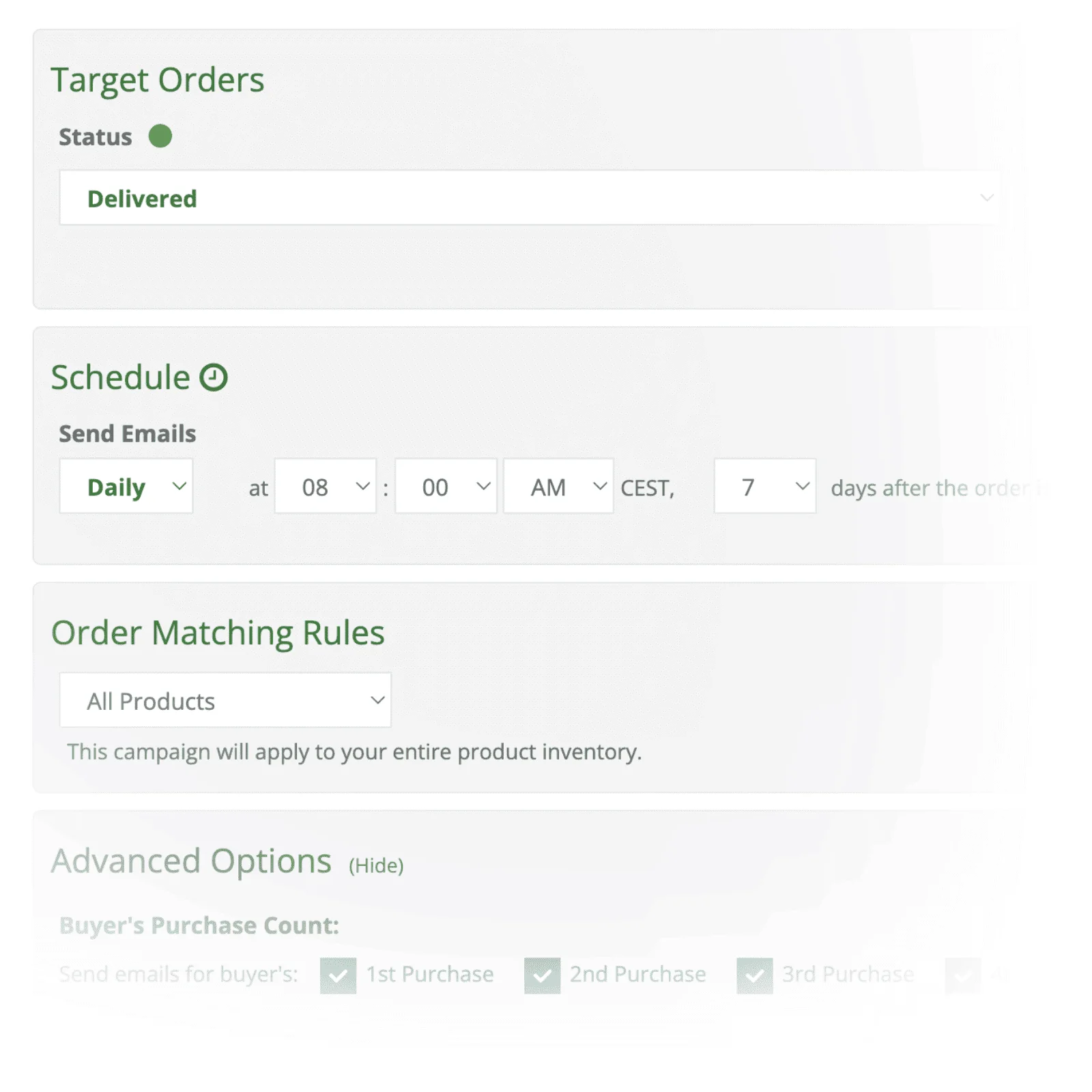 FeedbackWhiz Emails targeting rules and buyer exclusion settings