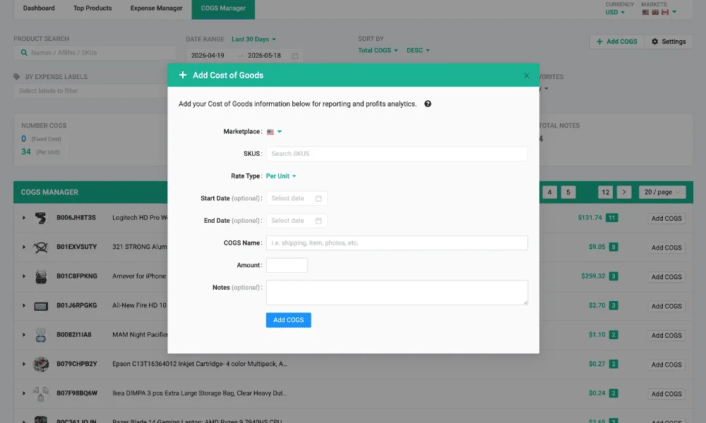 FeedbackWhiz Profits expense and COGS manager