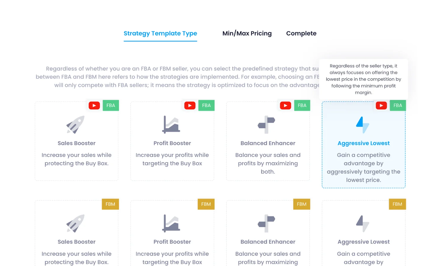 AggressiveLowestFBA strategy template configured in SmartRepricer