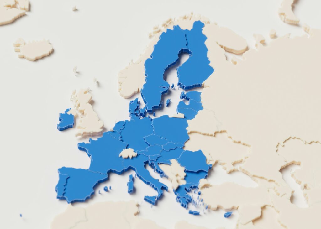 EU countries in blue on a map of Europe