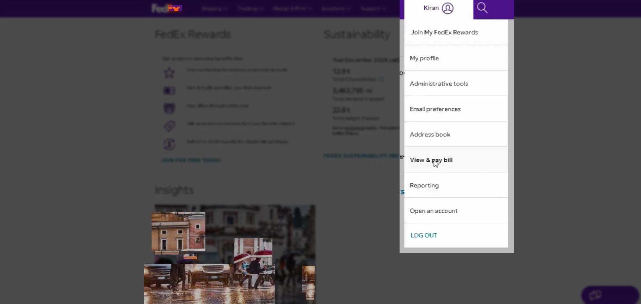 Screenshot of the FedEx account homepage showing how to navigate to "View & pay bill" using the account dropdown menu in the right of the main navigation.