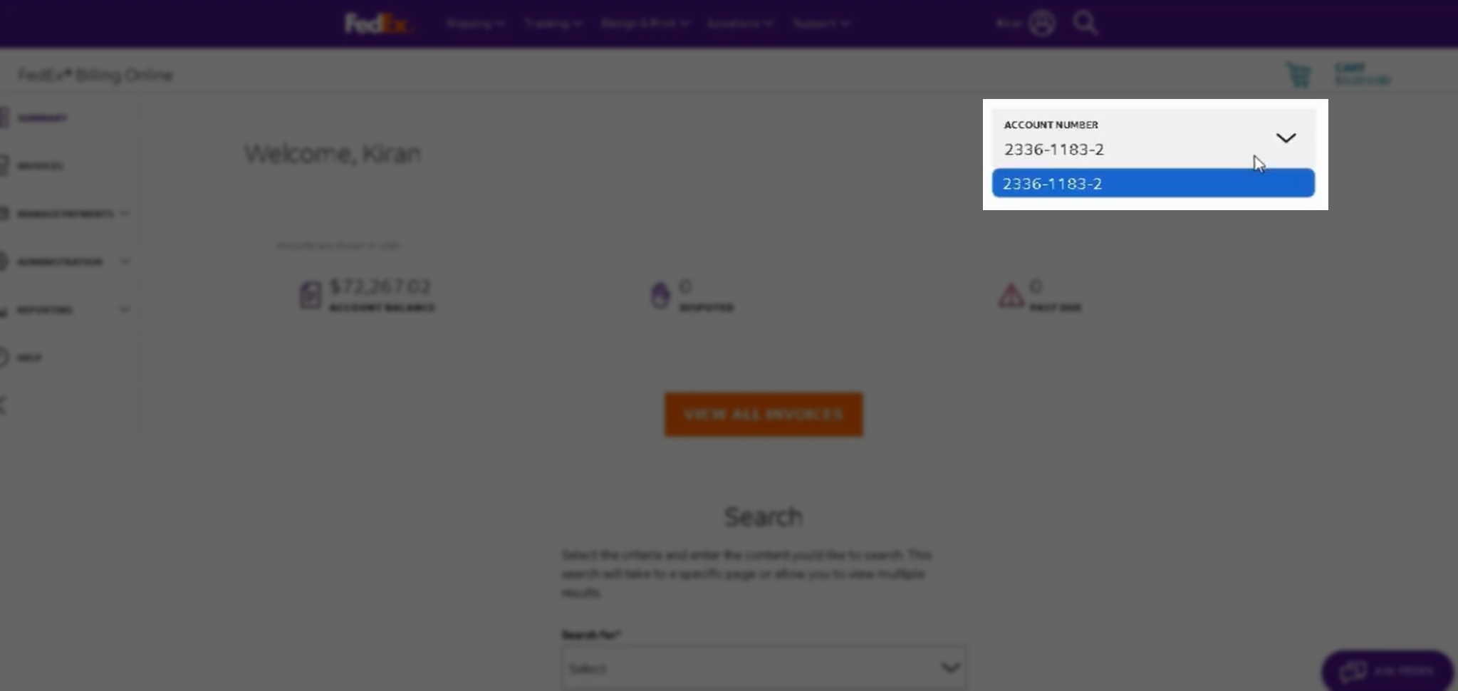 Screenshot of the FedEx Billing Online account homepage, highlighting how to select the correct FedEx account number in the top right of the screen.
