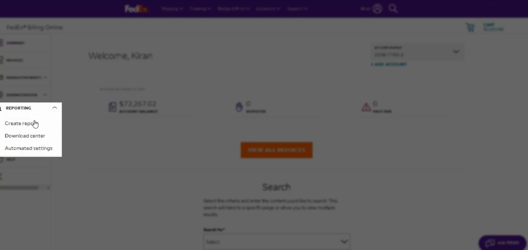 Screenshot of the FedEx Billing Online account homepage, highlighting how to navigate to "Reporting" and "Create report" to start downloading invoice data.