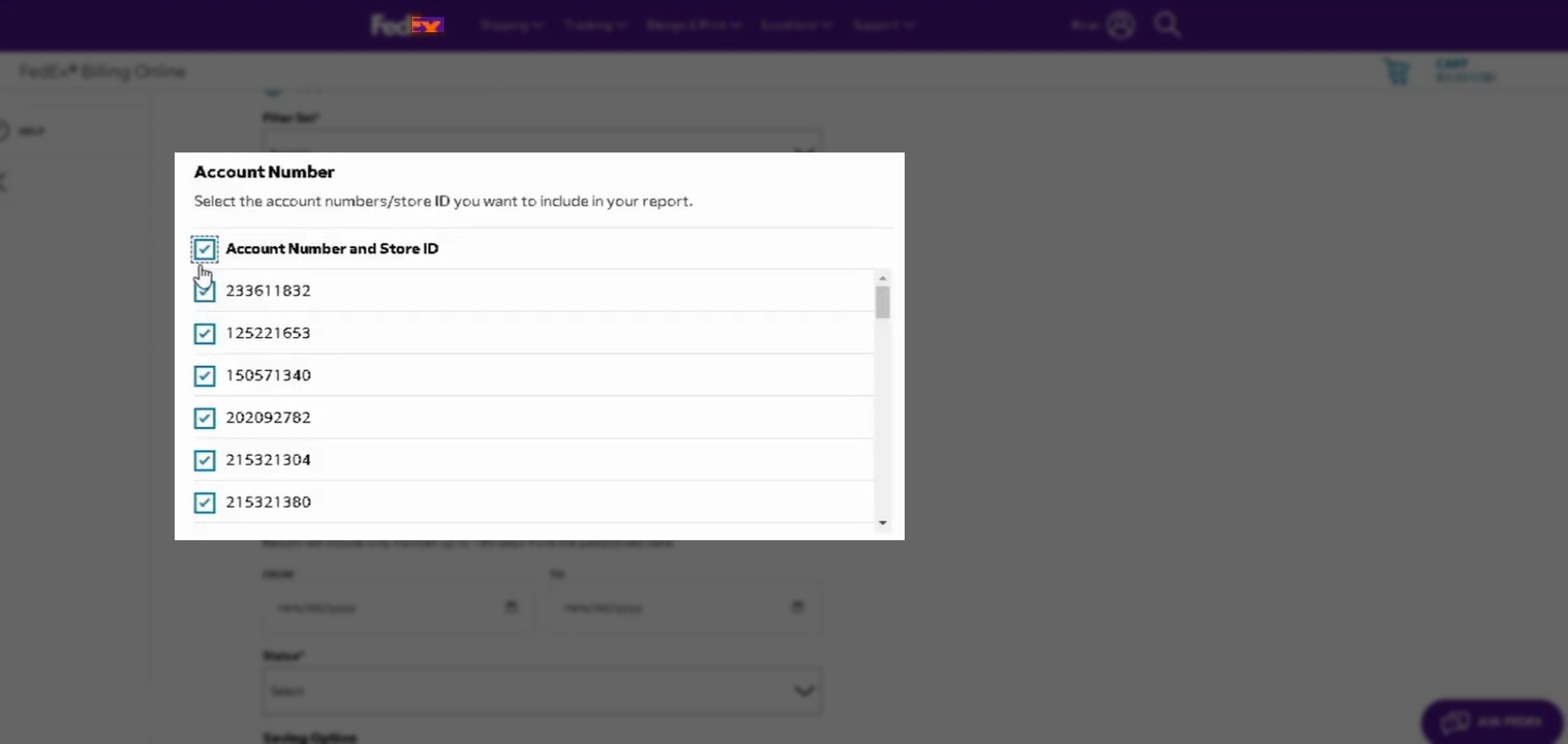 A screenshot of FedEx Billing Online highlighting how to select all Account Numbers and Store IDs when generating an invoice report.