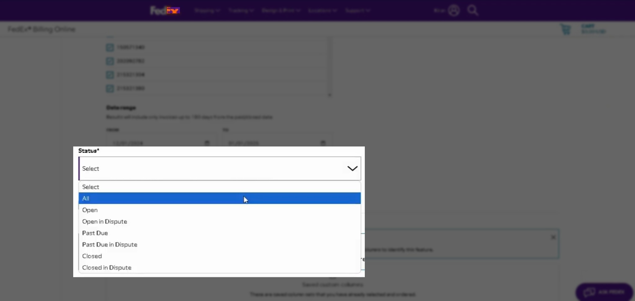 A screenshot of FedEx Billing Online highlighting where the set the Status to All when building an invoice report.
