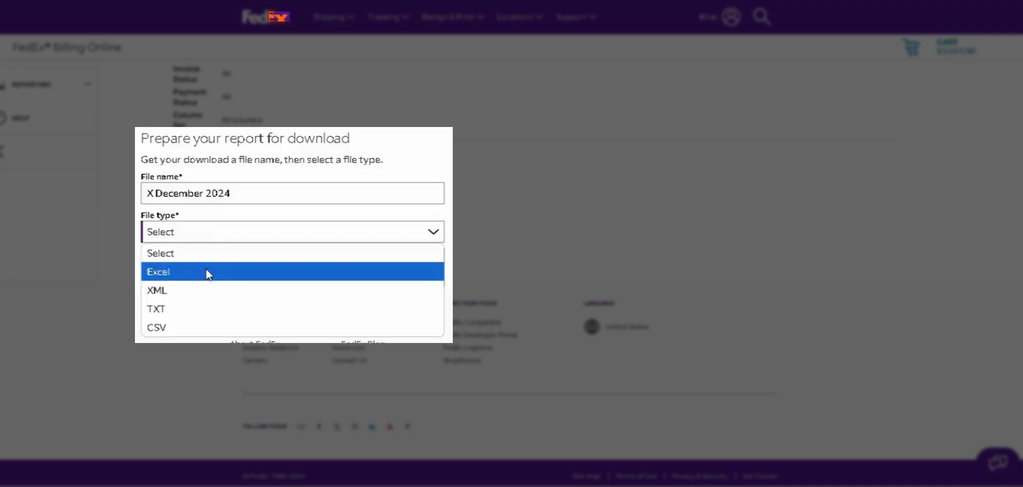 A screenshot of FedEx Billing Online showing where to set the file name and file type when preparing an inventory report for download.