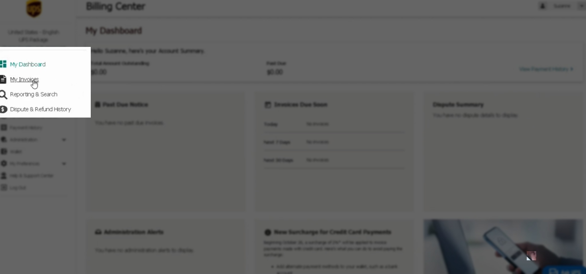 Screenshot of the UPS Billing Center dashboard showing how to navigate to "My Invoices".