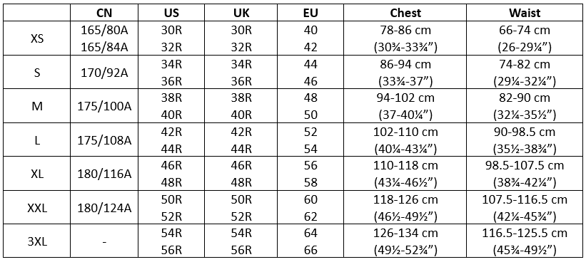 H&M men's tops size chart